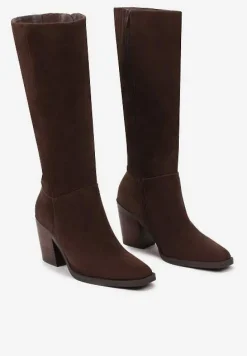 Brązowe Skórzane Kozaki na Słupku Realinae