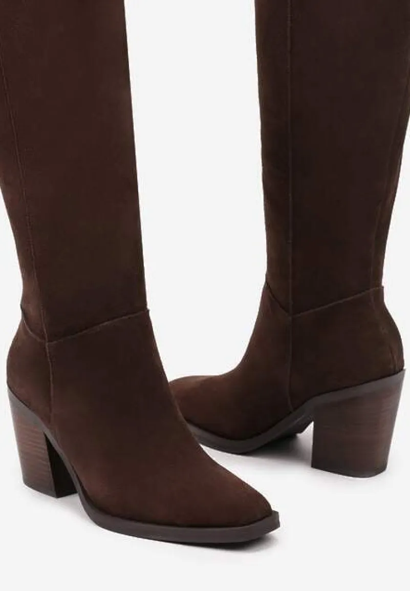 Brązowe Skórzane Kozaki na Słupku Realinae