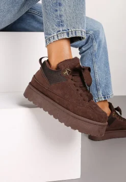 Brązowe Sneakersy na Platformie ze Sznurowaniem Ozdobione Futerkiem Vaivelle