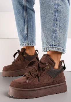 Brązowe Sneakersy na Platformie ze Sznurowaniem Ozdobione Futerkiem Vaivelle