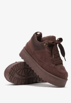 Brązowe Sneakersy na Platformie ze Sznurowaniem Ozdobione Futerkiem Vaivelle