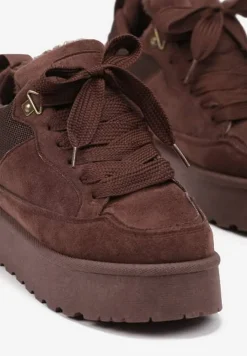 Brązowe Sneakersy na Platformie ze Sznurowaniem Ozdobione Futerkiem Vaivelle