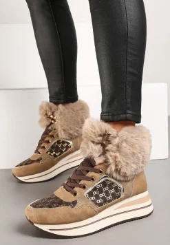 Brązowe Sneakersy na Platformie z Metalicznymi Wstawkami i Futerkiem Miavora