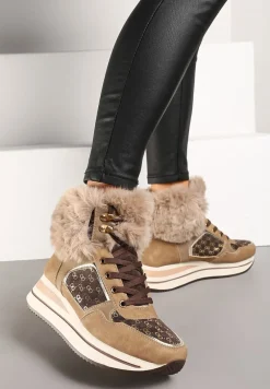 Brązowe Sneakersy na Platformie z Metalicznymi Wstawkami i Futerkiem Miavora