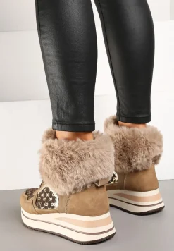 Brązowe Sneakersy na Platformie z Metalicznymi Wstawkami i Futerkiem Miavora