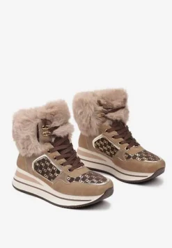 Brązowe Sneakersy na Platformie z Metalicznymi Wstawkami i Futerkiem Miavora