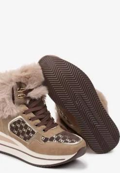 Brązowe Sneakersy na Platformie z Metalicznymi Wstawkami i Futerkiem Miavora