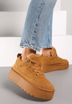 Brązowe Sneakersy Stylizowane na Śniegowce Ozdobione Futerkiem Maviena
