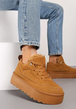 Brązowe Sneakersy Stylizowane na Śniegowce Ozdobione Futerkiem Maviena