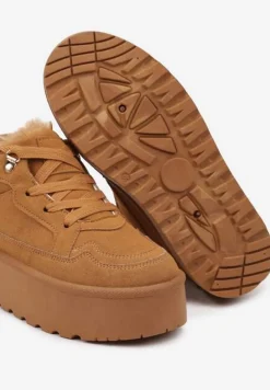 Brązowe Sneakersy Stylizowane na Śniegowce Ozdobione Futerkiem Maviena