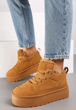 Brązowe Sneakersy Vices Stylizowane na Śniegowce na Platformie Obszyte Futerkiem Naleris
