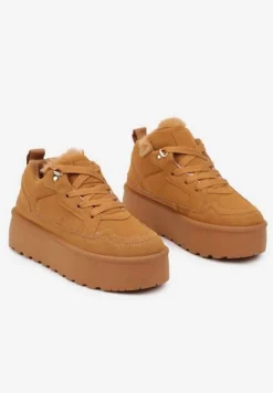 Brązowe Sneakersy Vices Stylizowane na Śniegowce na Platformie Obszyte Futerkiem Naleris