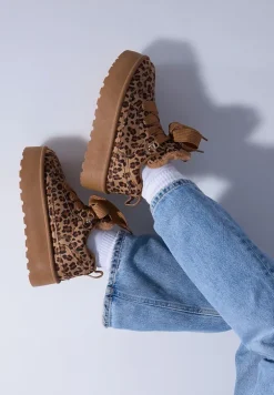 Brązowe Sneakersy Vices Stylizowane na Śniegowce w Panterkę na Platformie Obszyte Futerkiem Naleris