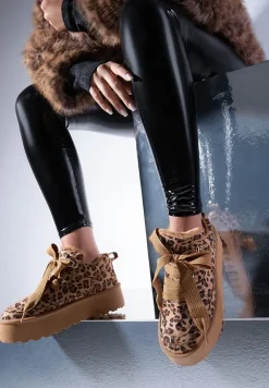 Brązowe Sneakersy Vices Stylizowane na Śniegowce w Panterkę na Platformie Obszyte Futerkiem Naleris