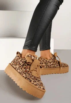 Brązowe Sneakersy Vices Stylizowane na Śniegowce w Panterkę na Platformie Obszyte Futerkiem Naleris