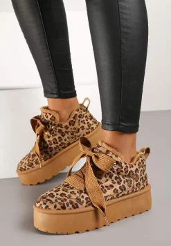 Brązowe Sneakersy Vices Stylizowane na Śniegowce w Panterkę na Platformie Obszyte Futerkiem Naleris