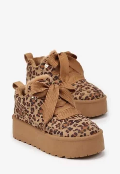 Brązowe Sneakersy Vices Stylizowane na Śniegowce w Panterkę na Platformie Obszyte Futerkiem Naleris