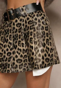 Brązowe Spódnico-Szorty w Panterkę z Ekoskóry High Waist Ozdobione Paskiem Alleana