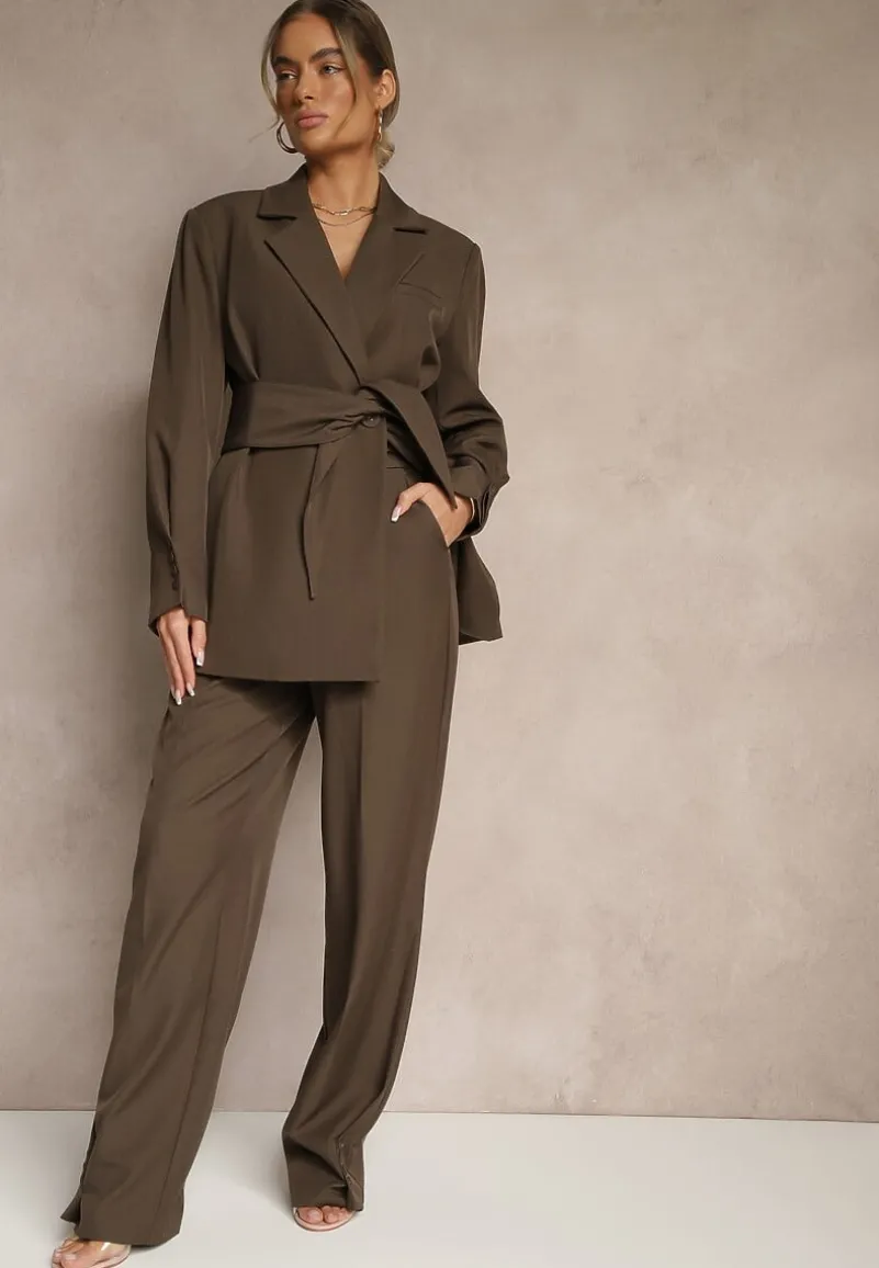 Brązowe Spodnie Garniturowe High Waist Annavia