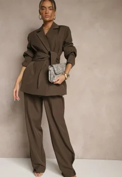 Brązowe Spodnie Garniturowe High Waist Annavia