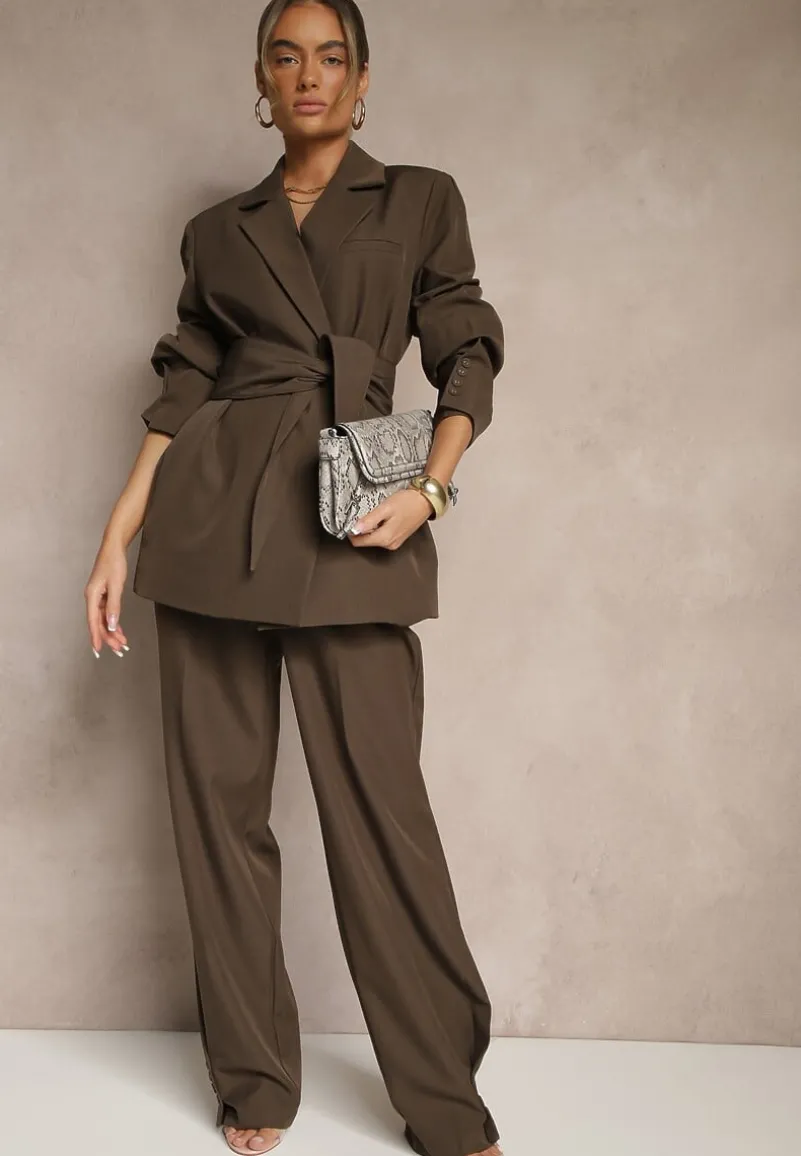 Brązowe Spodnie Garniturowe High Waist Annavia