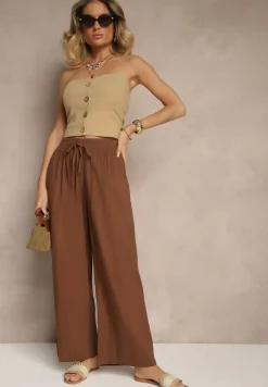 Brązowe Spodnie High Waist Szerokie z Bawełny Wiązane w Pasie z Gumką w Talii Yaslio