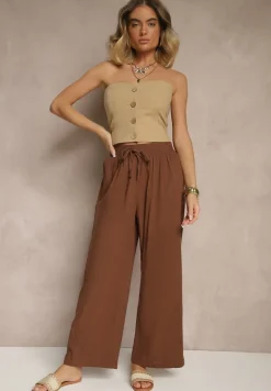 Brązowe Spodnie High Waist Szerokie z Bawełny Wiązane w Pasie z Gumką w Talii Yaslio