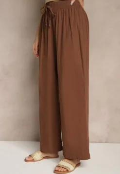 Brązowe Spodnie High Waist Szerokie z Bawełny Wiązane w Pasie z Gumką w Talii Yaslio