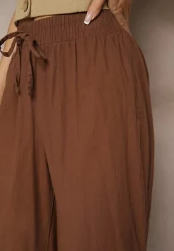 Brązowe Spodnie High Waist Szerokie z Bawełny Wiązane w Pasie z Gumką w Talii Yaslio