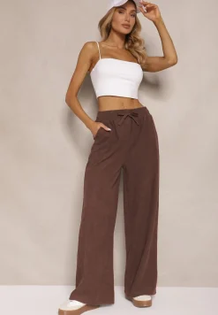 Brązowe Spodnie o Szerokim Kroju High Waist z Wiązaniem w Pasie Ettianne