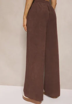 Brązowe Spodnie o Szerokim Kroju High Waist z Wiązaniem w Pasie Ettianne