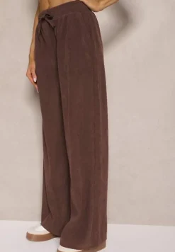 Brązowe Spodnie o Szerokim Kroju High Waist z Wiązaniem w Pasie Ettianne