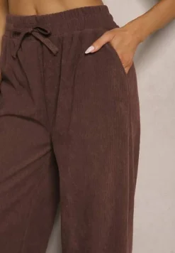 Brązowe Spodnie o Szerokim Kroju High Waist z Wiązaniem w Pasie Ettianne