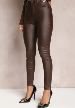 Brązowe Spodnie Skinny z Ekoskóry Zejomi