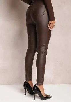 Brązowe Spodnie Skinny z Ekoskóry Zejomi