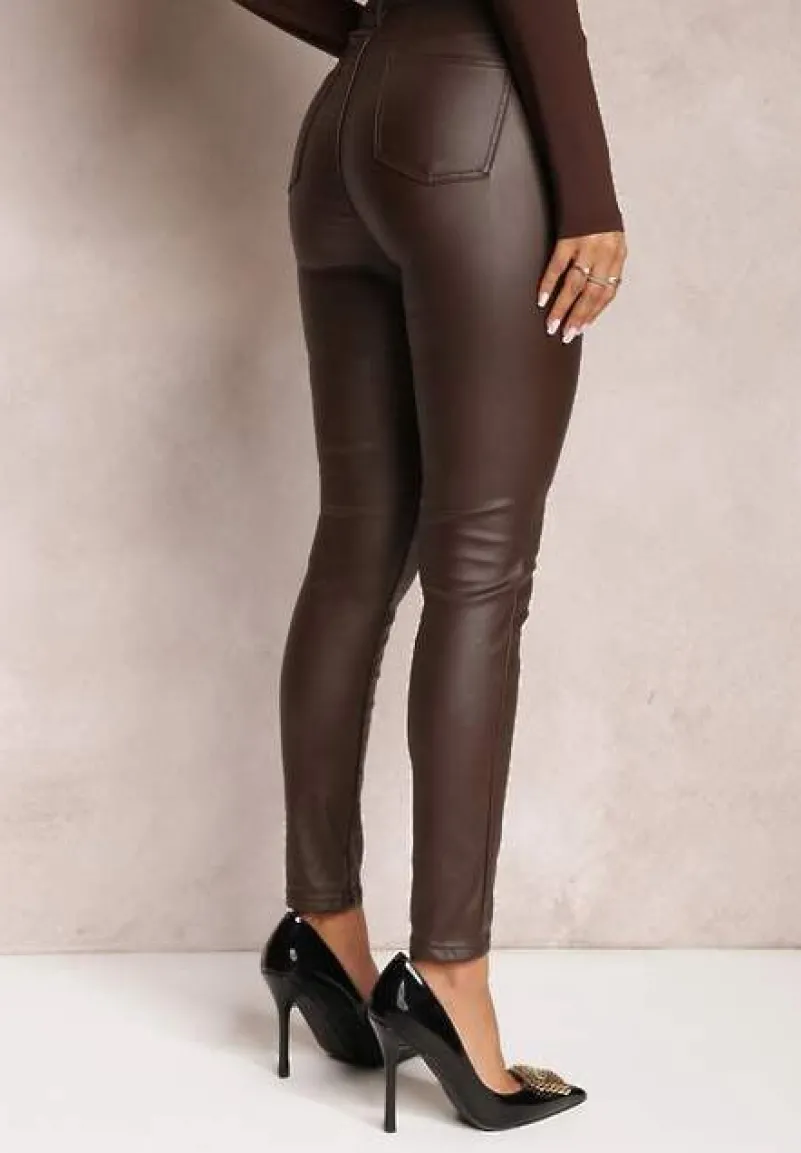 Brązowe Spodnie Skinny z Ekoskóry Zejomi