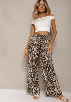 Brązowe Spodnie Typu Palazzo z Jedwabiem z Gumką w Talii o Zwierzęcym Wzorze Elanea