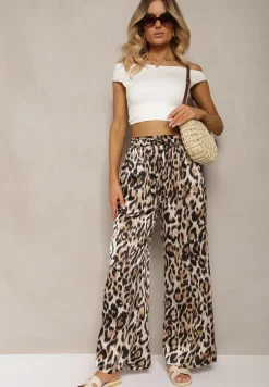 Brązowe Spodnie Typu Palazzo z Jedwabiem z Gumką w Talii o Zwierzęcym Wzorze Elanea