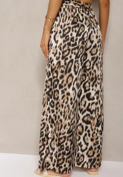 Brązowe Spodnie Typu Palazzo z Jedwabiem z Gumką w Talii o Zwierzęcym Wzorze Elanea