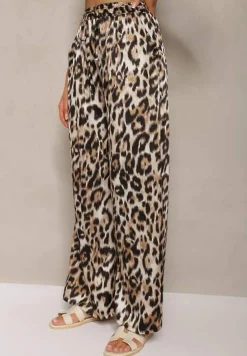 Brązowe Spodnie Typu Palazzo z Jedwabiem z Gumką w Talii o Zwierzęcym Wzorze Elanea