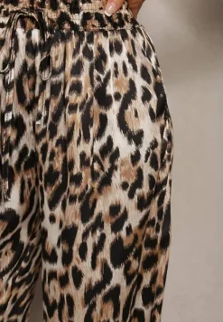 Brązowe Spodnie Typu Palazzo z Jedwabiem z Gumką w Talii o Zwierzęcym Wzorze Elanea