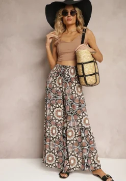 Brązowe Spodnie Typu Palazzo z Wiskozy High Waist z Gumką w Pasie Bistalia