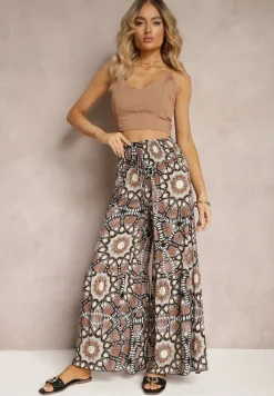 Brązowe Spodnie Typu Palazzo z Wiskozy High Waist z Gumką w Pasie Bistalia