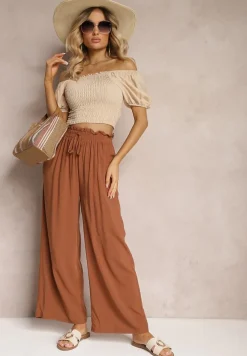 Brązowe Spodnie z Bawełny High Waist z Szerokimi Nogawkami i Gumką w Pasie Clisea