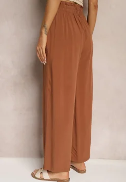 Brązowe Spodnie z Bawełny High Waist z Szerokimi Nogawkami i Gumką w Pasie Clisea
