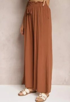 Brązowe Spodnie z Bawełny High Waist z Szerokimi Nogawkami i Gumką w Pasie Clisea