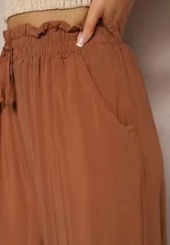 Brązowe Spodnie z Bawełny High Waist z Szerokimi Nogawkami i Gumką w Pasie Clisea