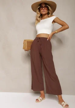 Brązowe Spodnie z Bawełny Typu Palazzo z Gumką w Talii Fieana