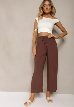 Brązowe Spodnie z Bawełny Typu Palazzo z Gumką w Talii Fieana