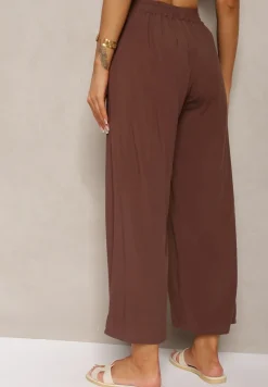 Brązowe Spodnie z Bawełny Typu Palazzo z Gumką w Talii Fieana